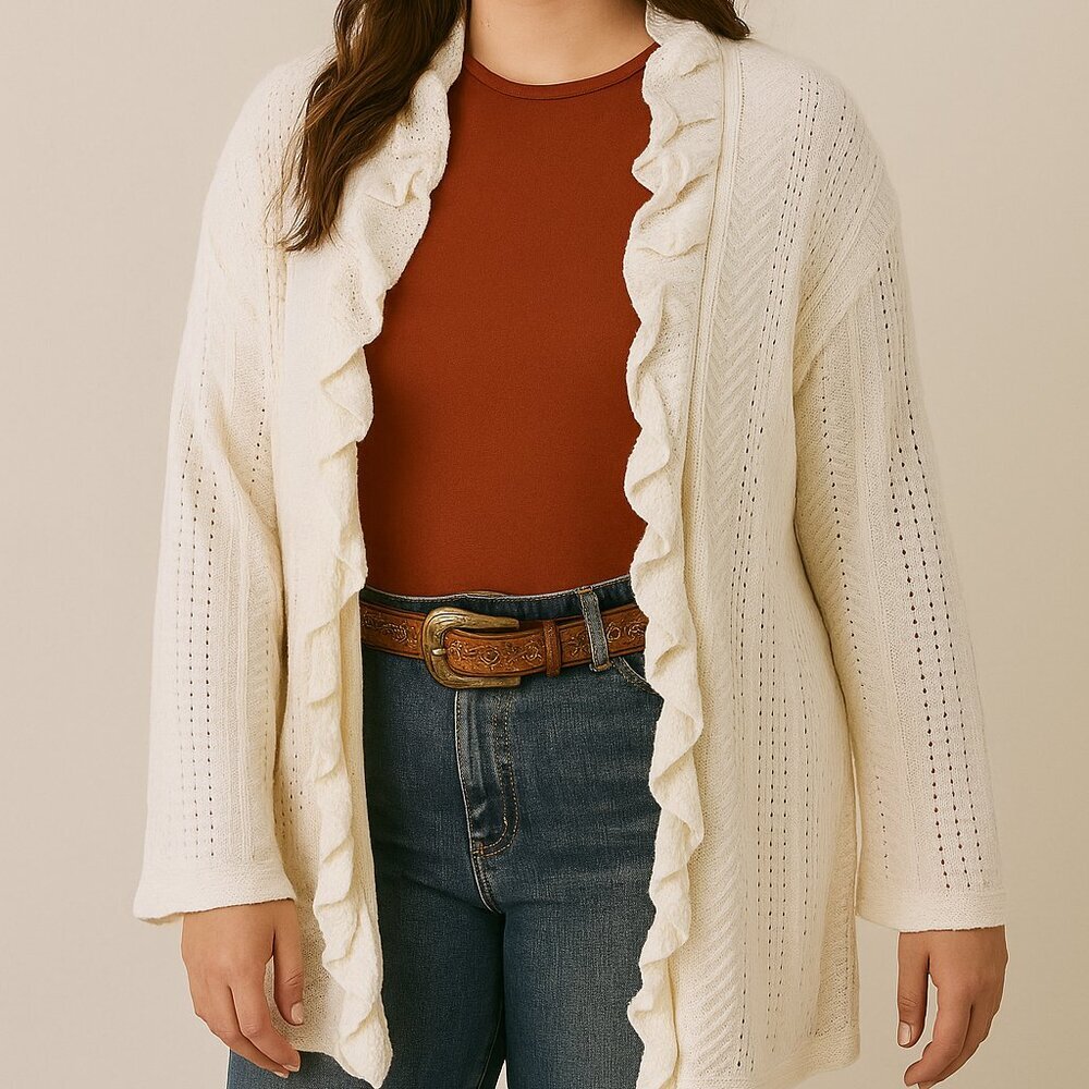 525 America Cream Ruffled Cardigan Coastal Boho Nautical Preppy Quiet Luxury